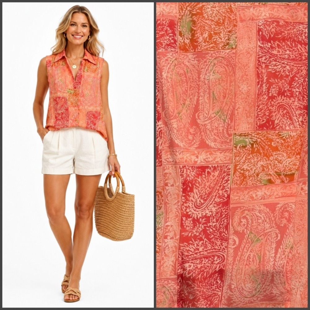 Joneswear Silk Sleeveless Button Up Top Coral Paisley‎ Resort Wear Size 8 NWT